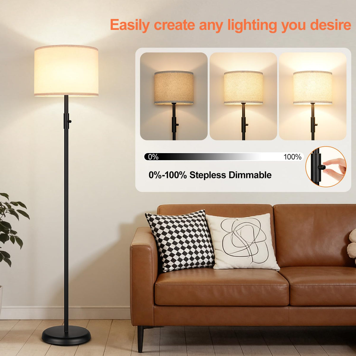 Yemela stepless dimming knob floor lamp for adaptable lighting.