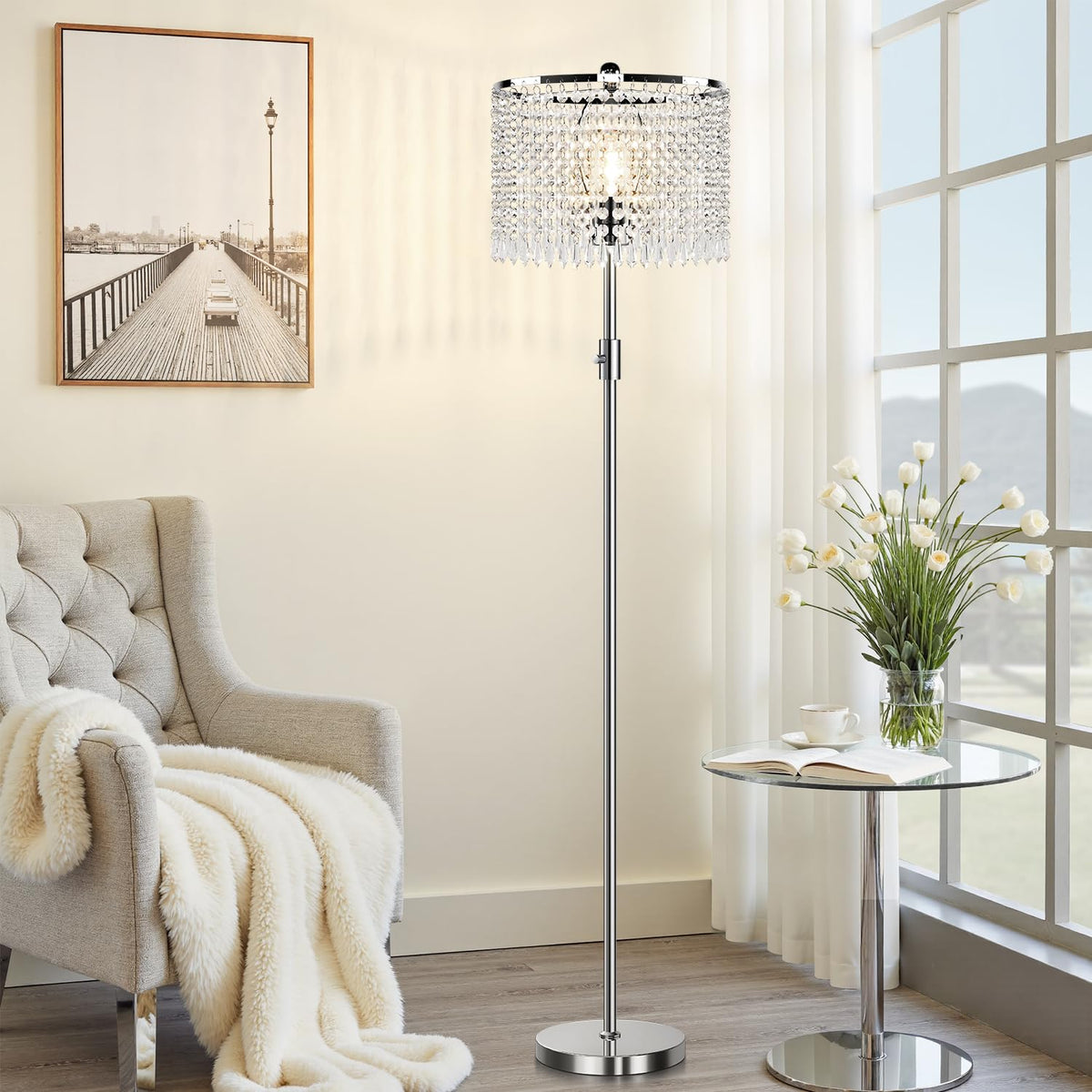 Yemela crystal floor lamp with chandelier shade adds elegant ambiance