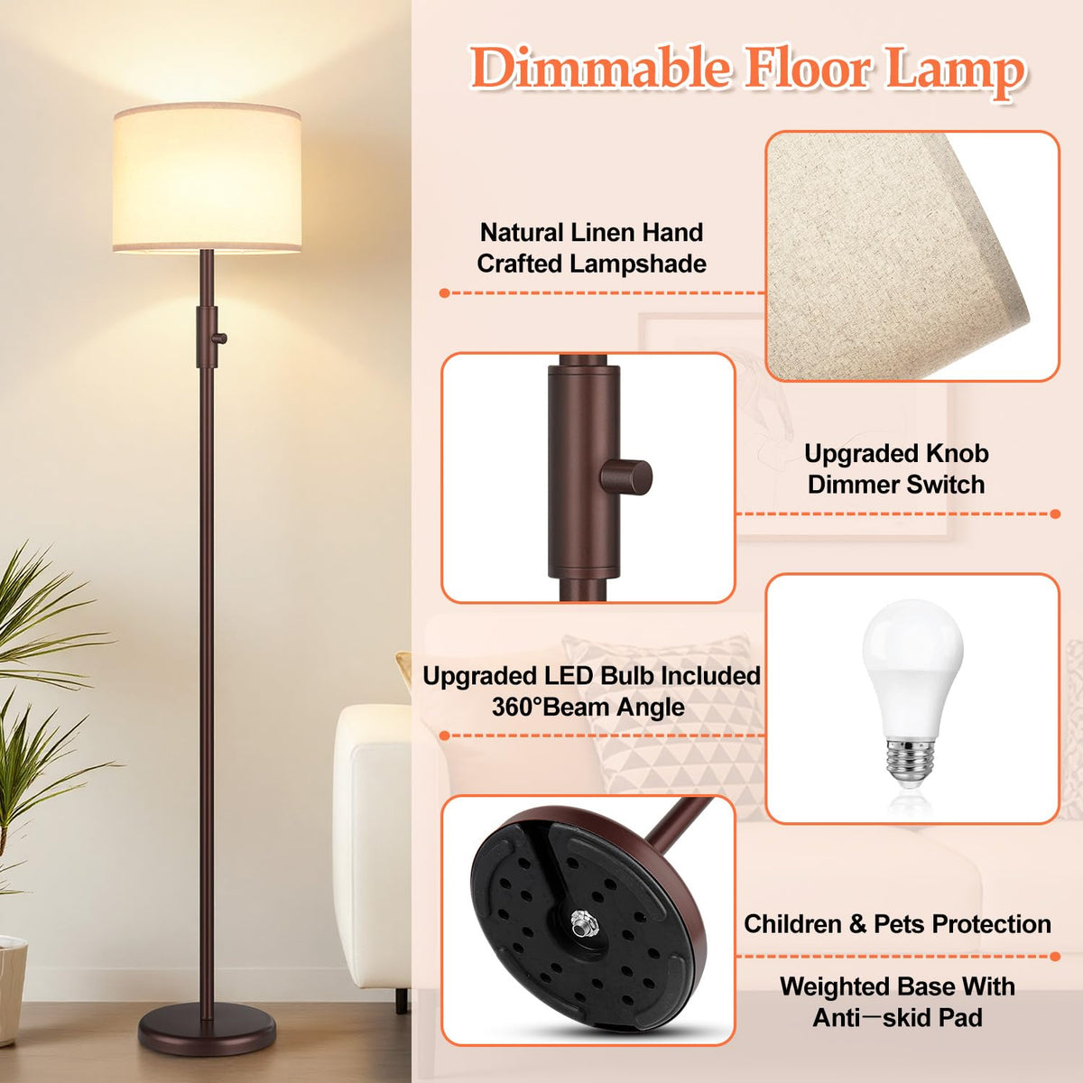 Yemela Upgraded Dimmable Floor Lamp dimmer knob enables precise brightness control.