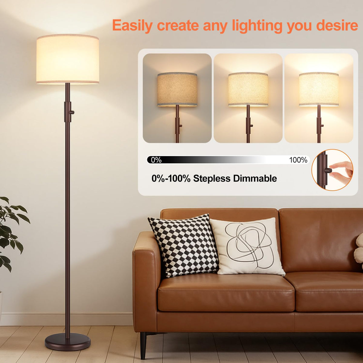 Yemela Upgraded Dimmable Floor Lamp shade linen highlights soft, diffused light.