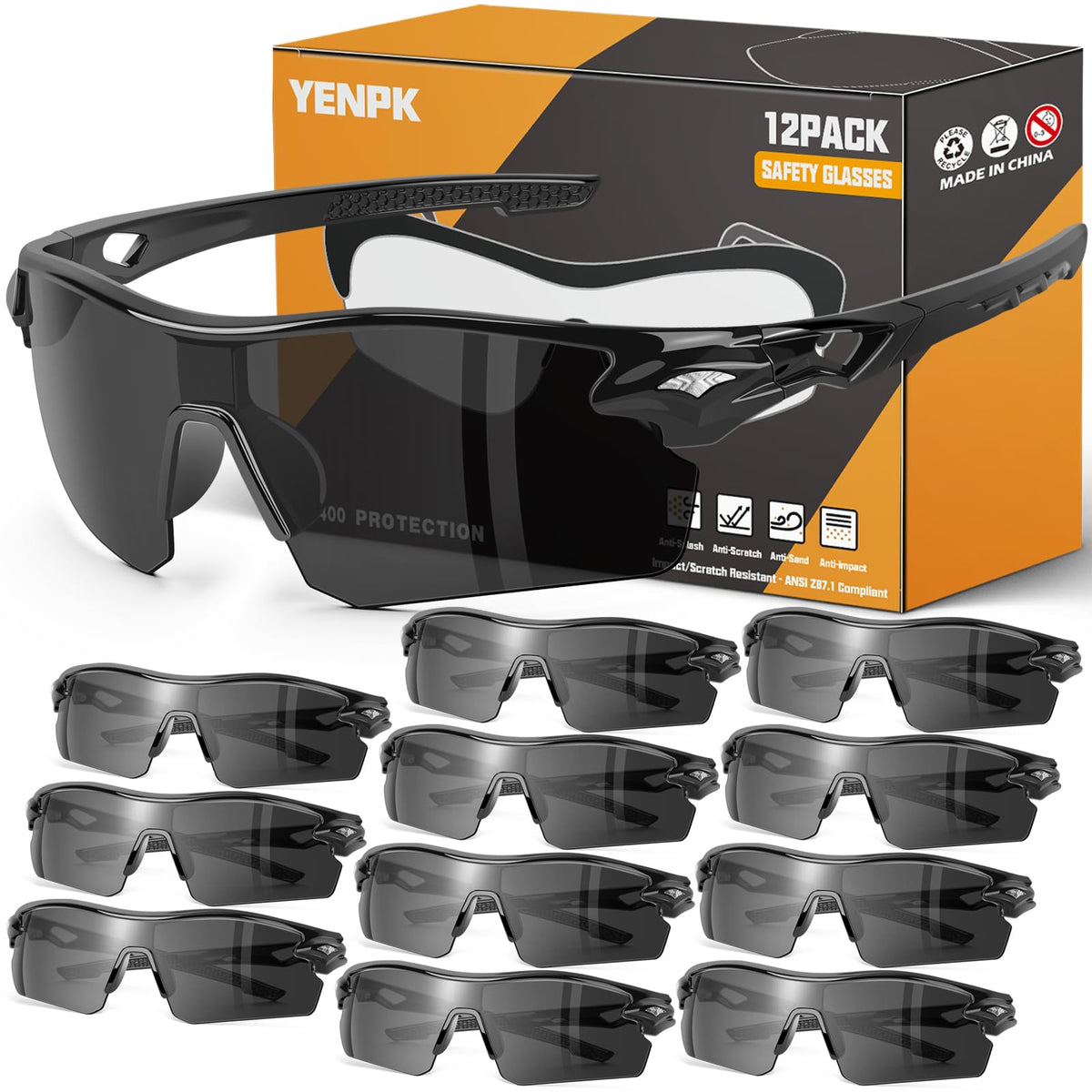 YENPK 12-pack safety glasses worn on the face for all-day comfort