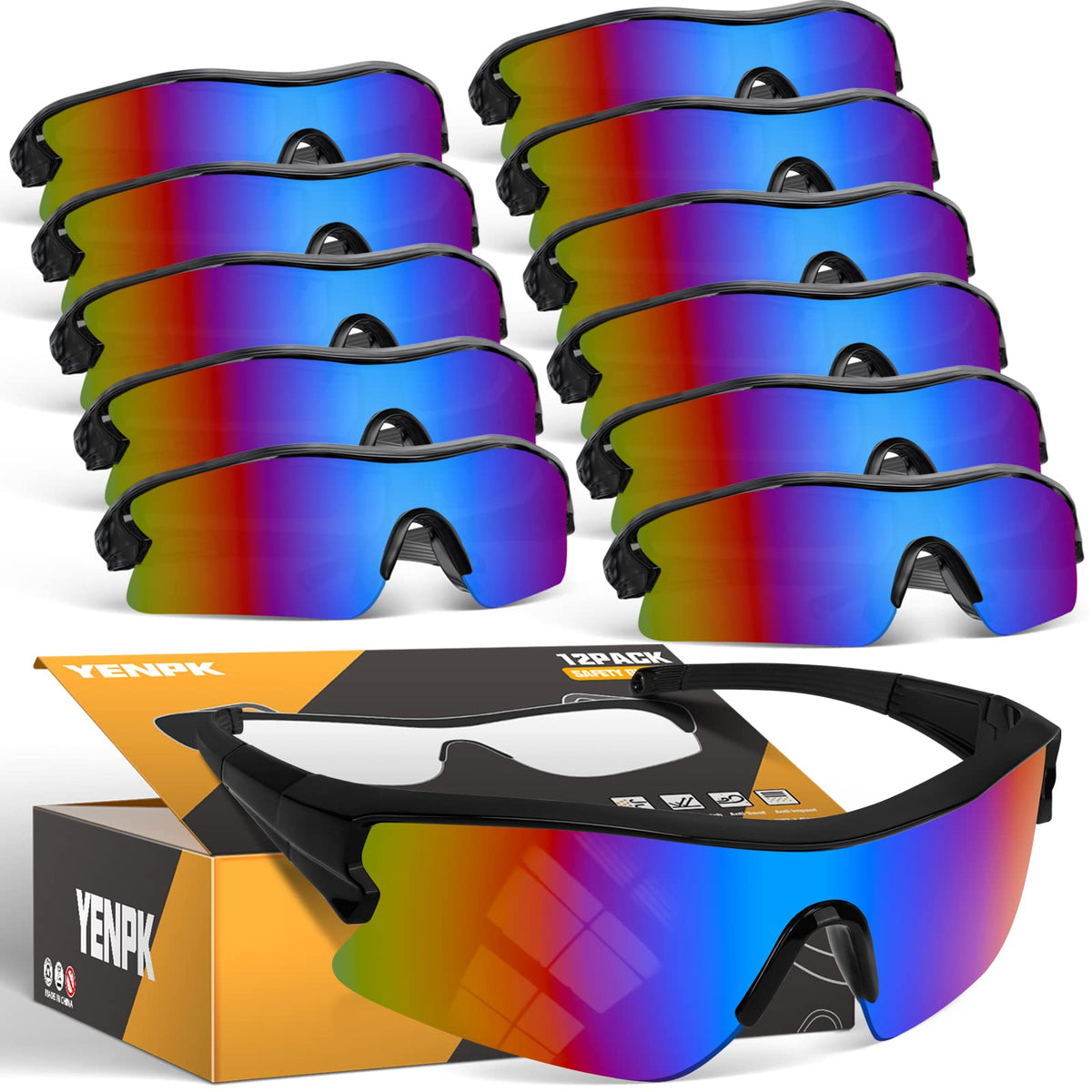 YENPK 12-pack tinted safety glasses with protective eyewear coverage for daily tasks.