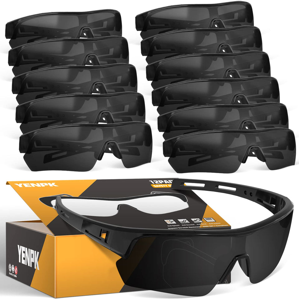 YENPK 12-pack tinted safety glasses with wraparound lenses for all-day comfort and protection.
