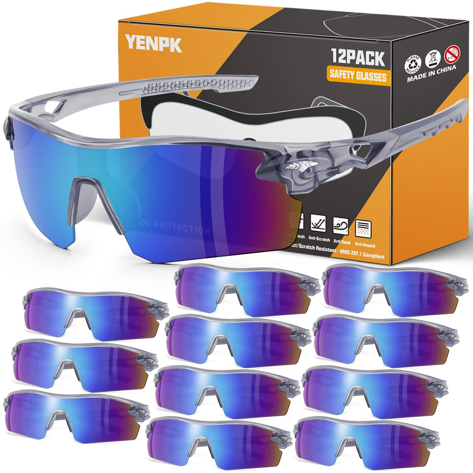 YENPK safety glasses with blue mirror lenses shown from the front for enhanced brightness control.