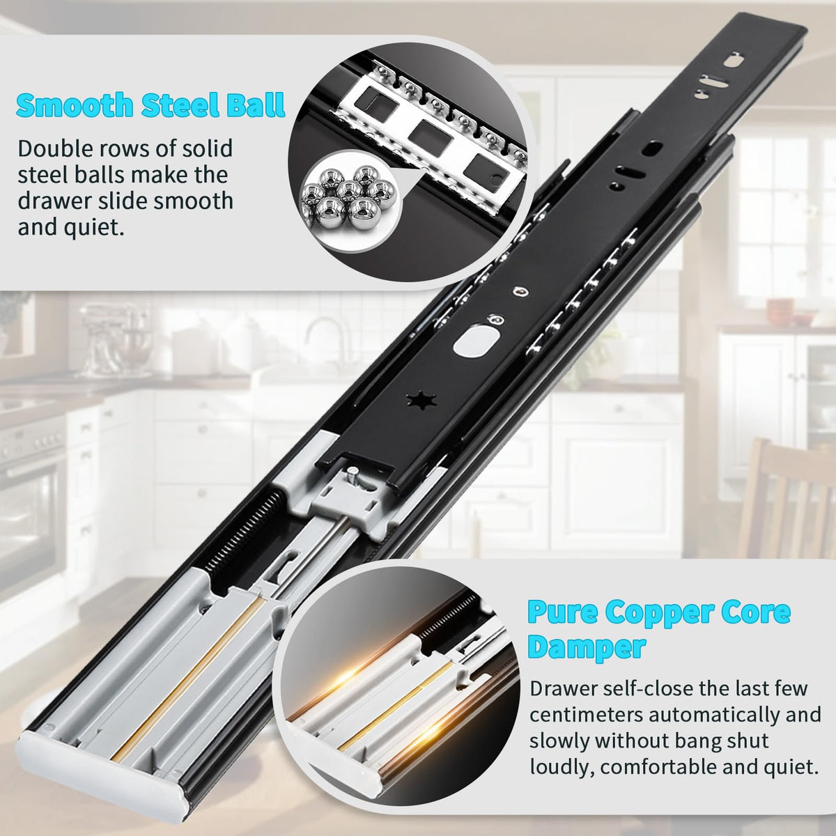 YENUO 18-inch drawer slide shows heavy-duty support with steady, silent glide.