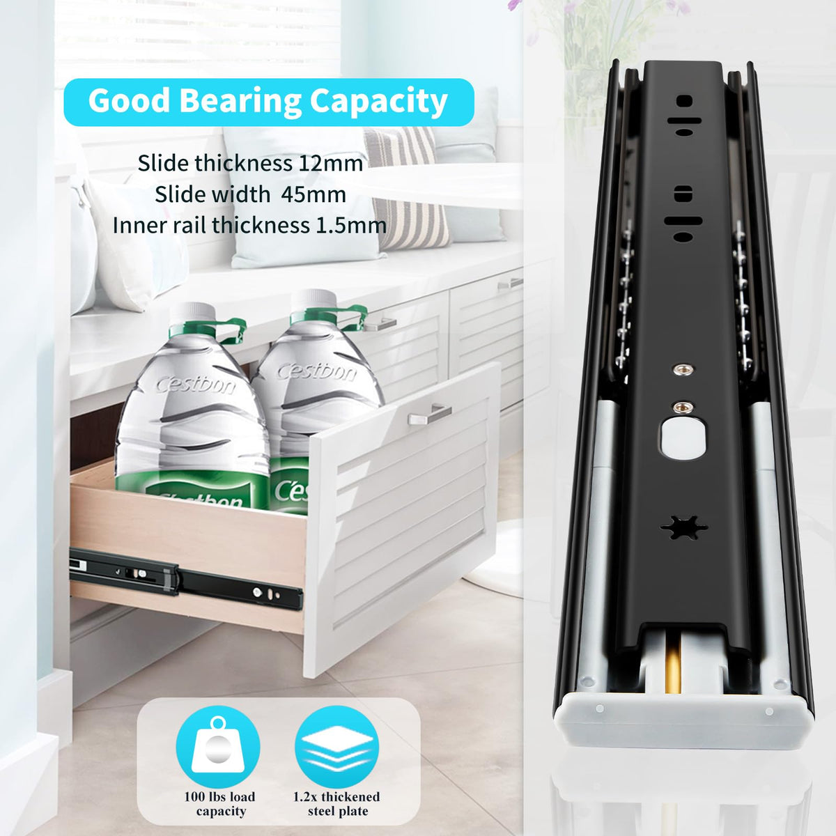 YENUO 20-inch full-extension drawer slide enabling easy reach to back items.