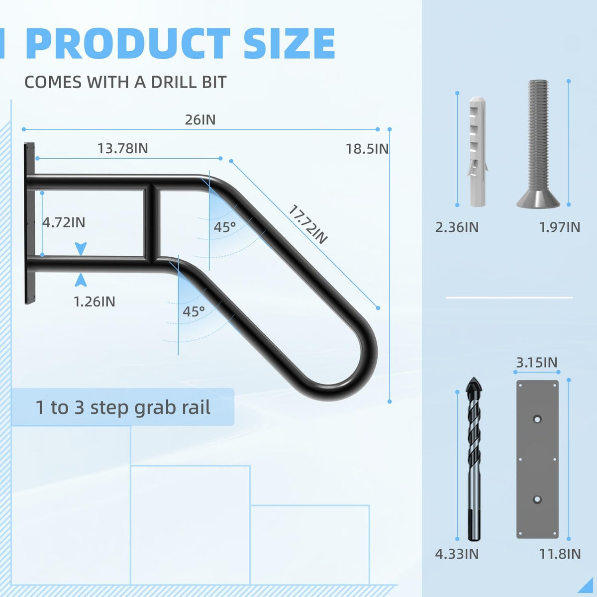 YEOOE wall-mount handrail, 26 inches, matte black, for indoors or outdoors