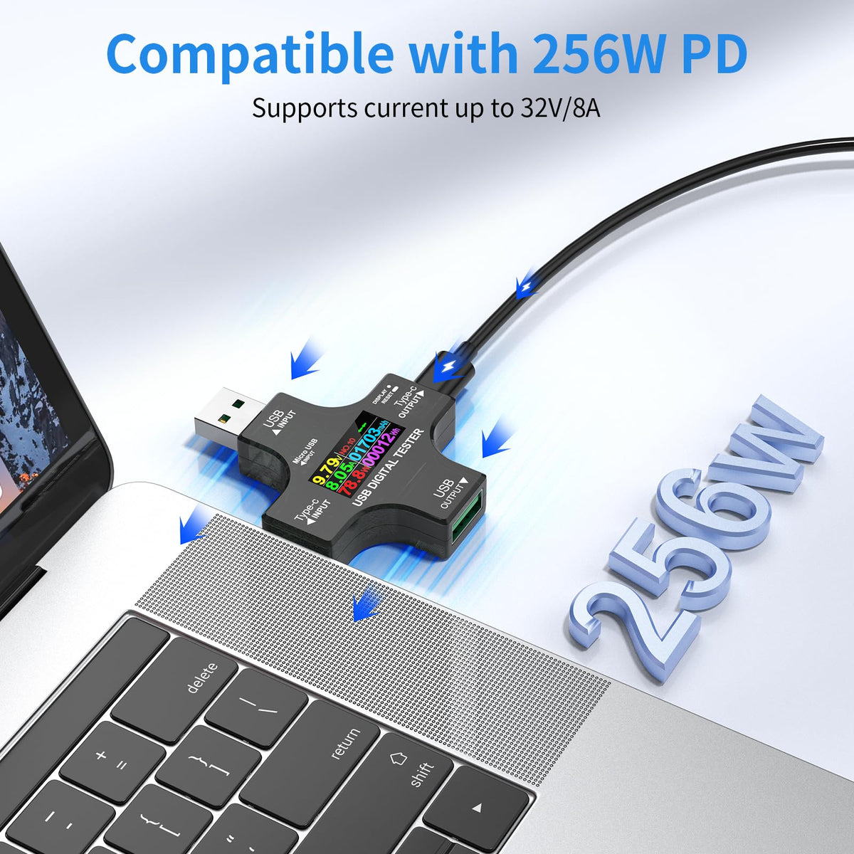 YEREADW USB-C tester vibrant IPS display enables quick voltage and current checks.