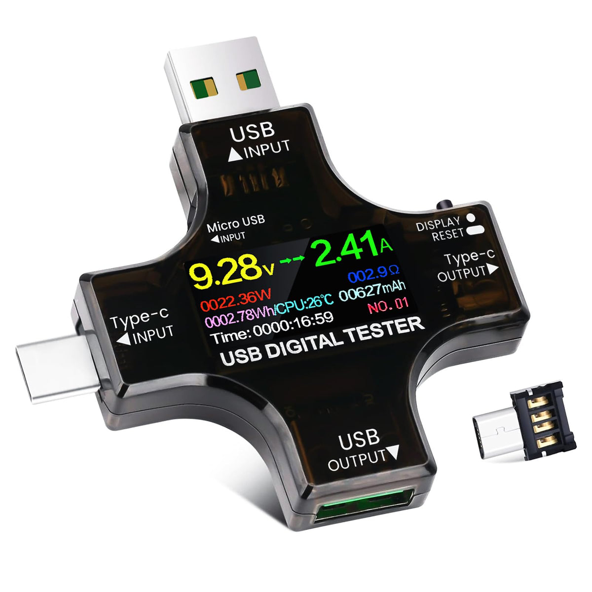 YEREADW USB-C tester front display shows real-time voltage and current.