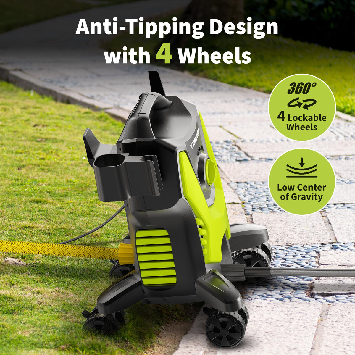 Yeryork pressure washer showing lockable wheels for stable movement