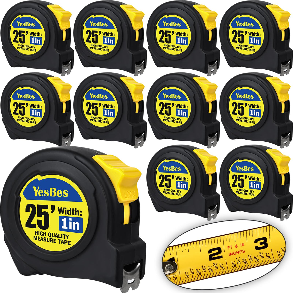YesBes 10-pack tape measure with fractions 1/8 for precise on-site measuring.