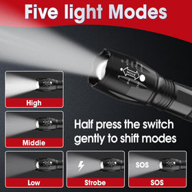 YesBes five-mode LED flashlight including SOS and strobe for versatile lighting.