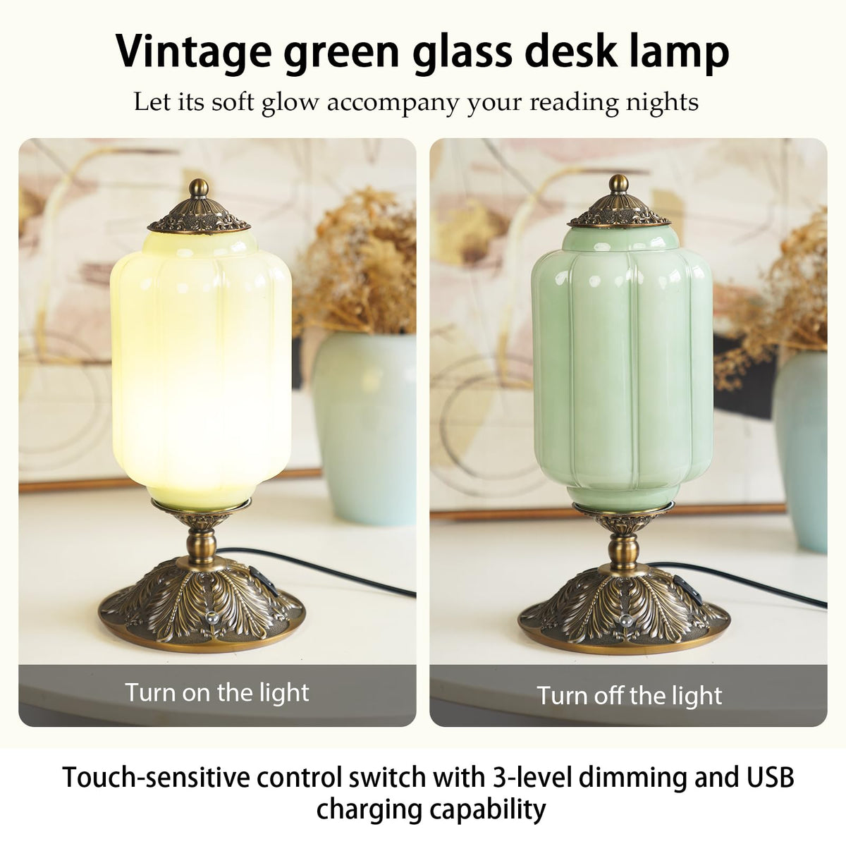 Yesids jadeite glass lamp lit with warm bedside glow for cozy nights