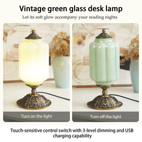 Yesids jadeite glass lamp lit with warm bedside glow for cozy nights