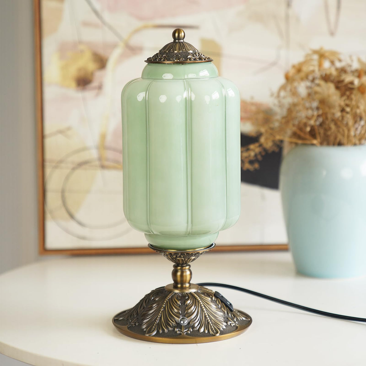 Yesids milk glass table lamp with green jadeite close-up showing diffused illumination