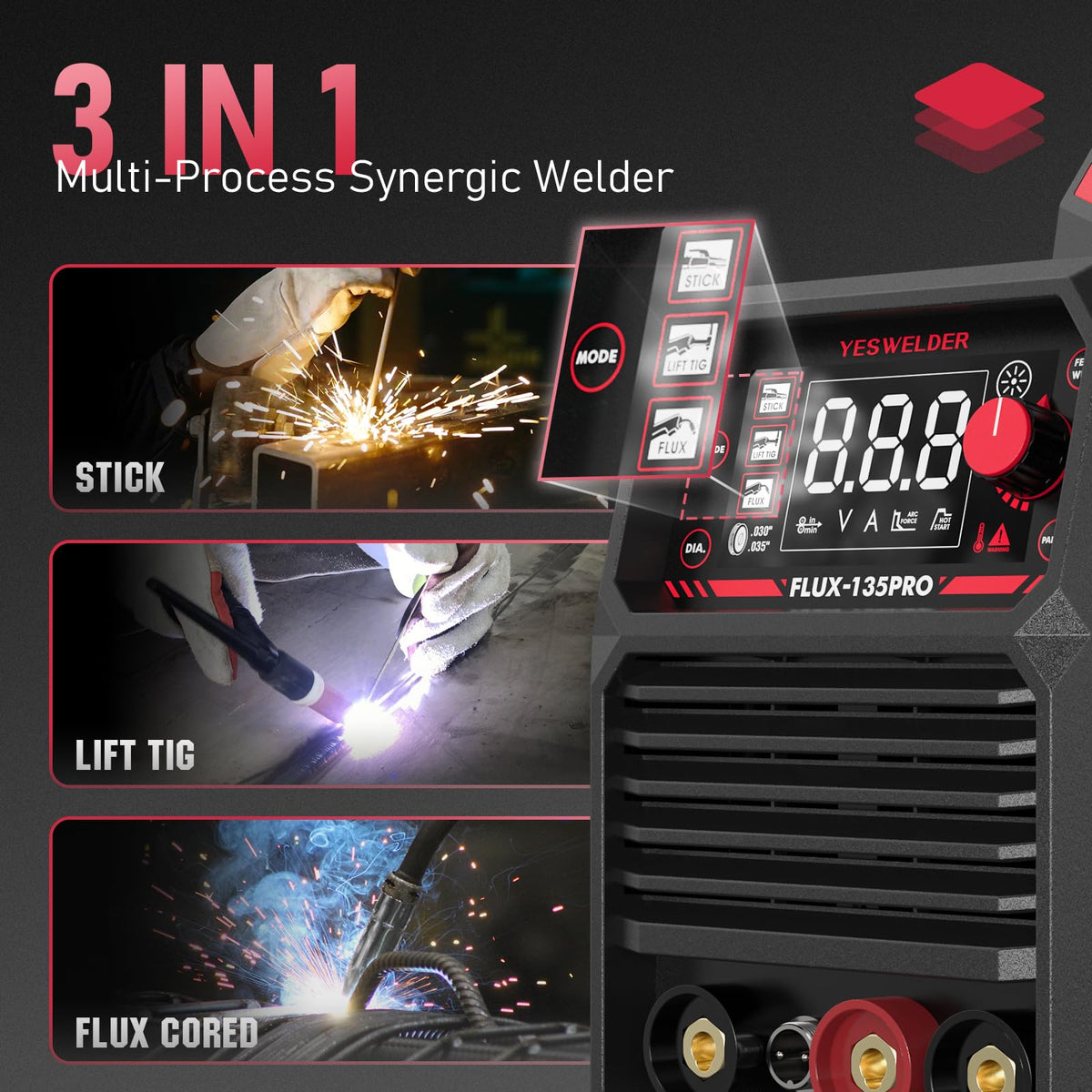 YESWELDER 135A MIG Welder digital display provides clear current readings during welding.