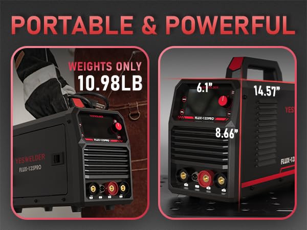 YESWELDER 135A MIG Welder flux-core capability enables shield-free welding.