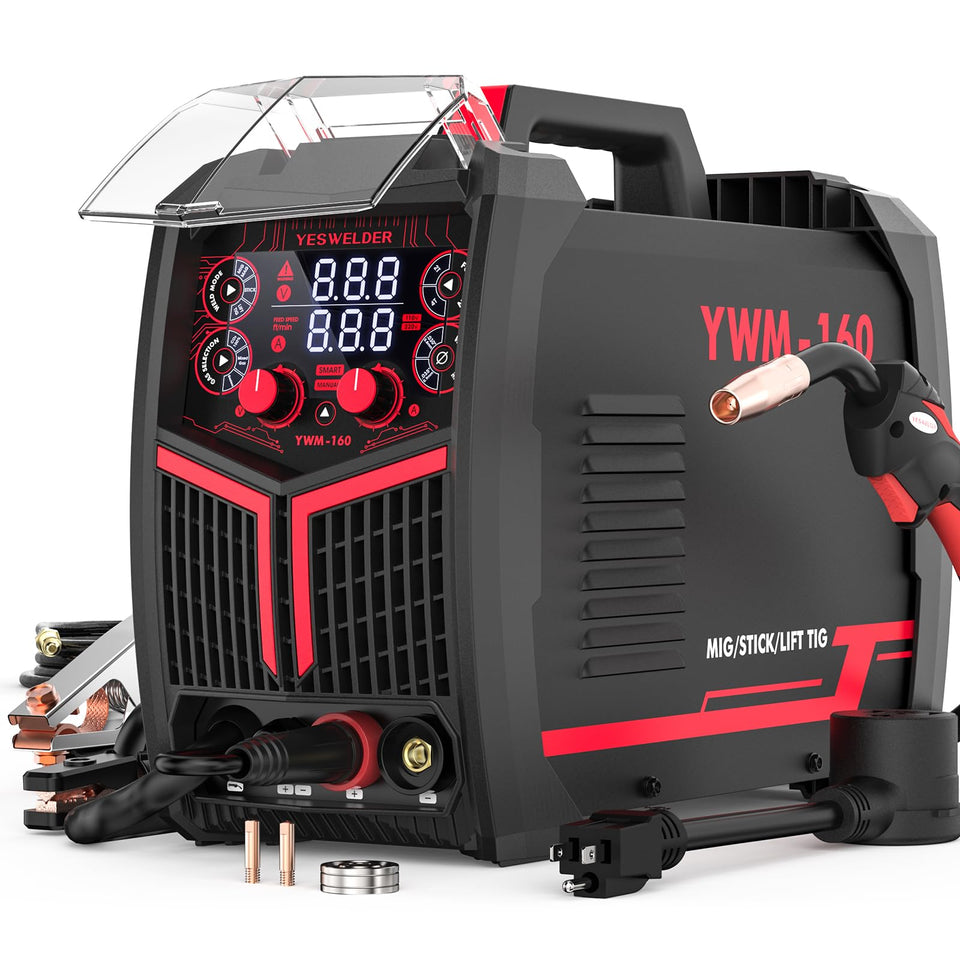 YESWELDER 160A MIG welder front view showing compact, portable design for on-site projects