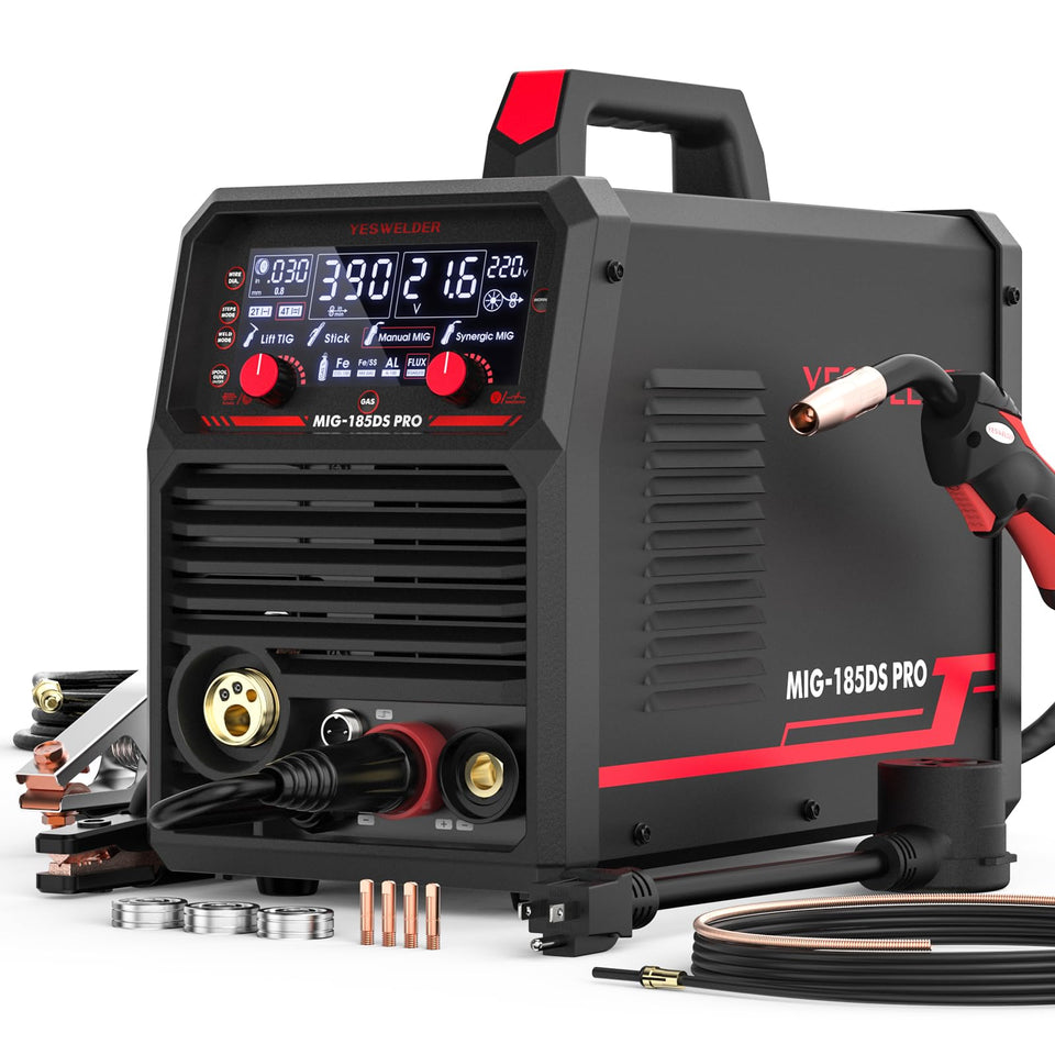 YESWELDER 185A MIG welder front view shows portable, compact design for field work.