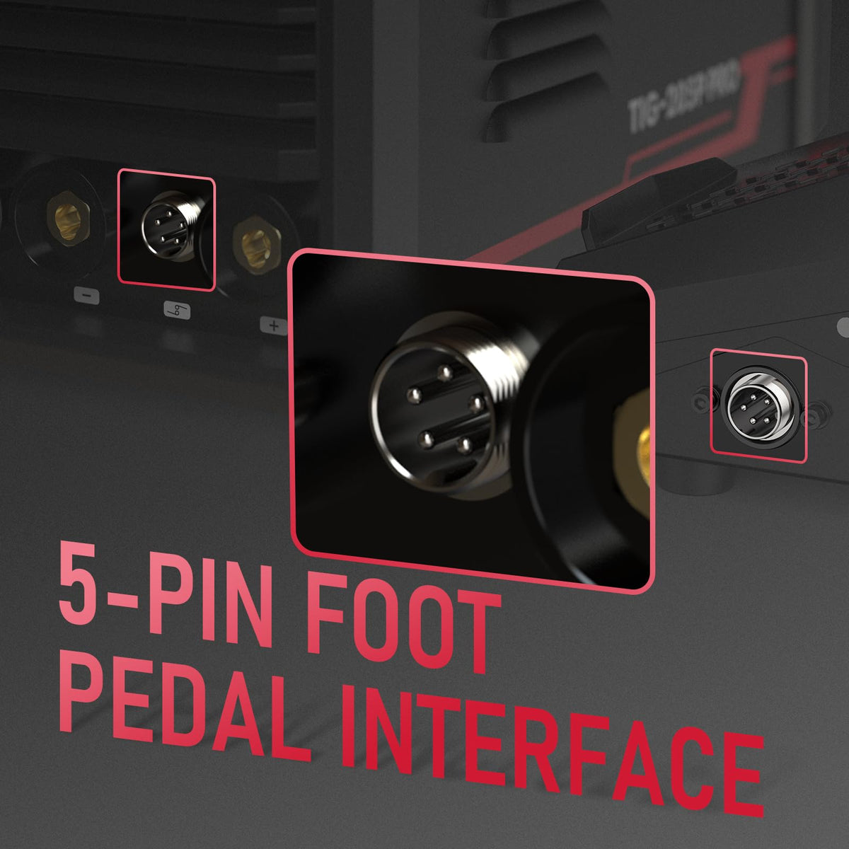YESWELDER 205A 5-pin foot pedal interface for on-demand current control.