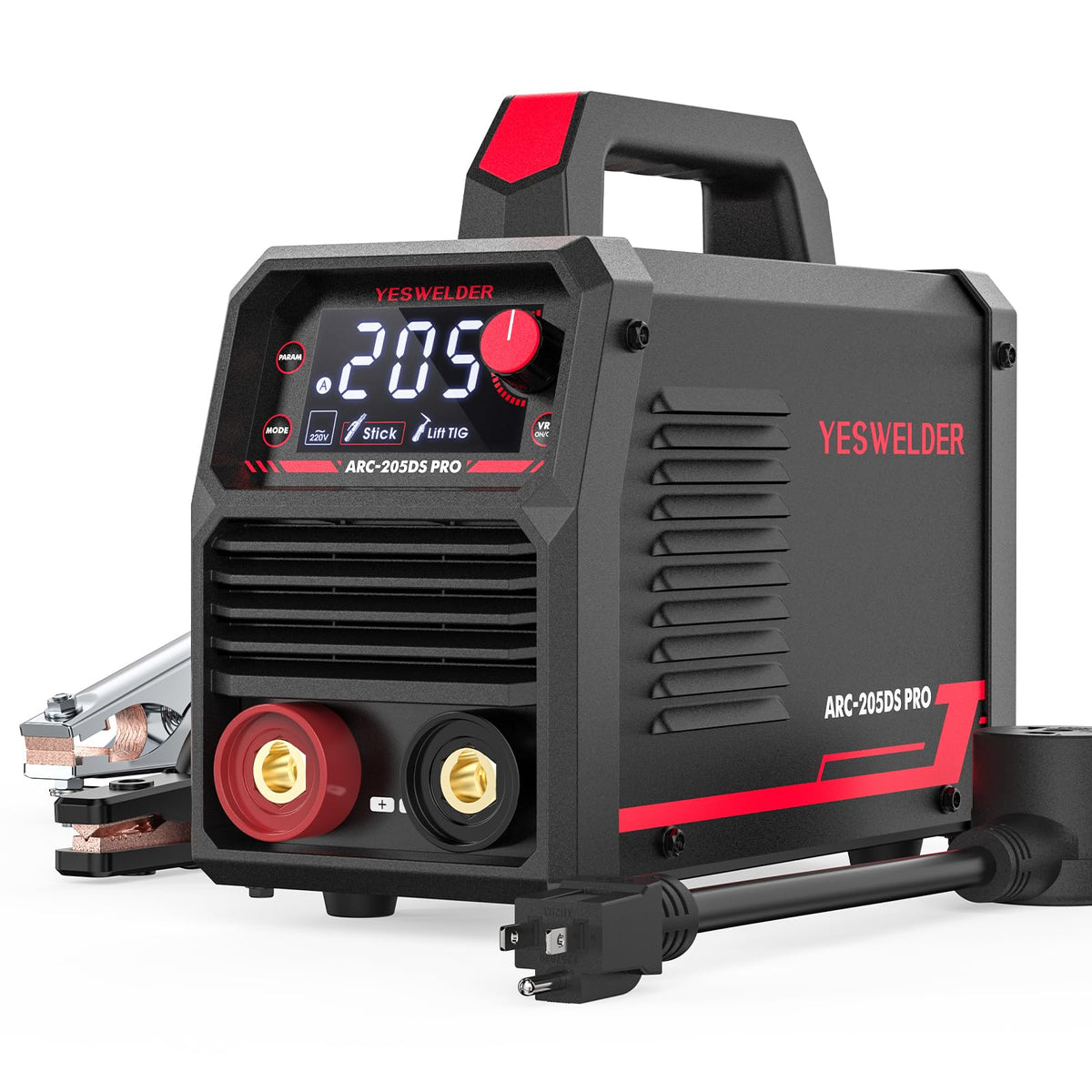 YESWELDER 205A stick welder front panel with large display for precise settings.