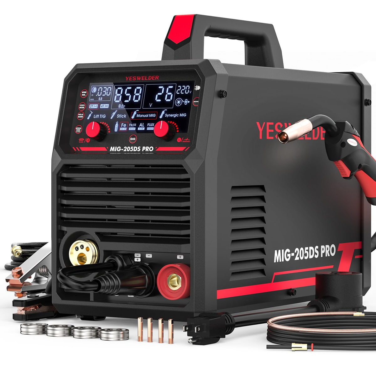 YesWelder 205DS PRO front panel with controls enables precise setup.