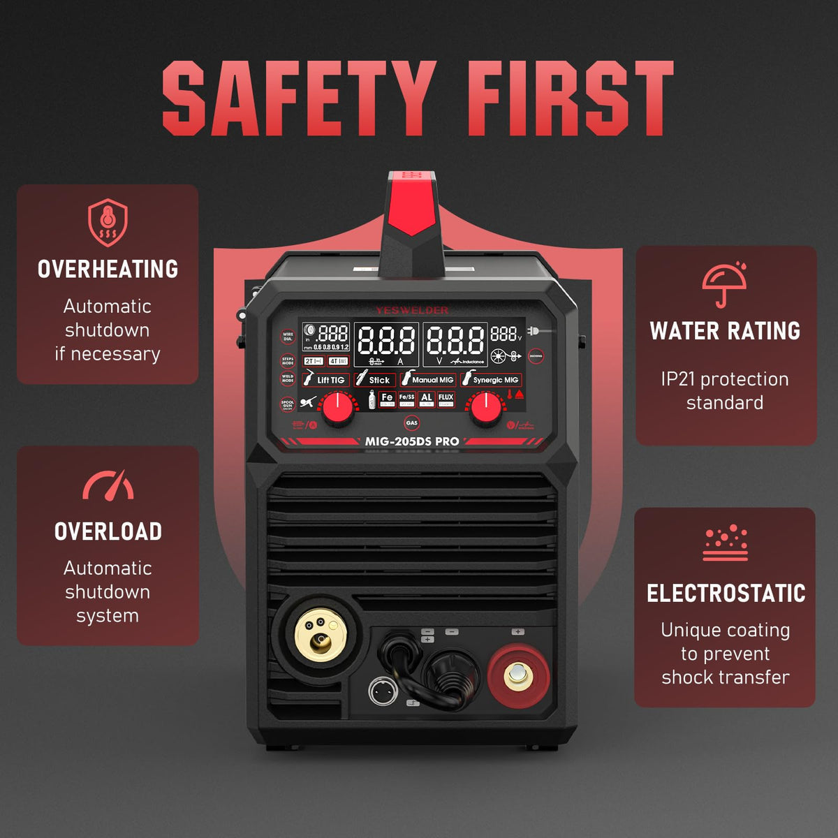 YesWelder 205DS PRO safety features guard against overload and overheating.