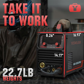 YesWelder 205DS PRO robust 200 A capacity for varied thicknesses.