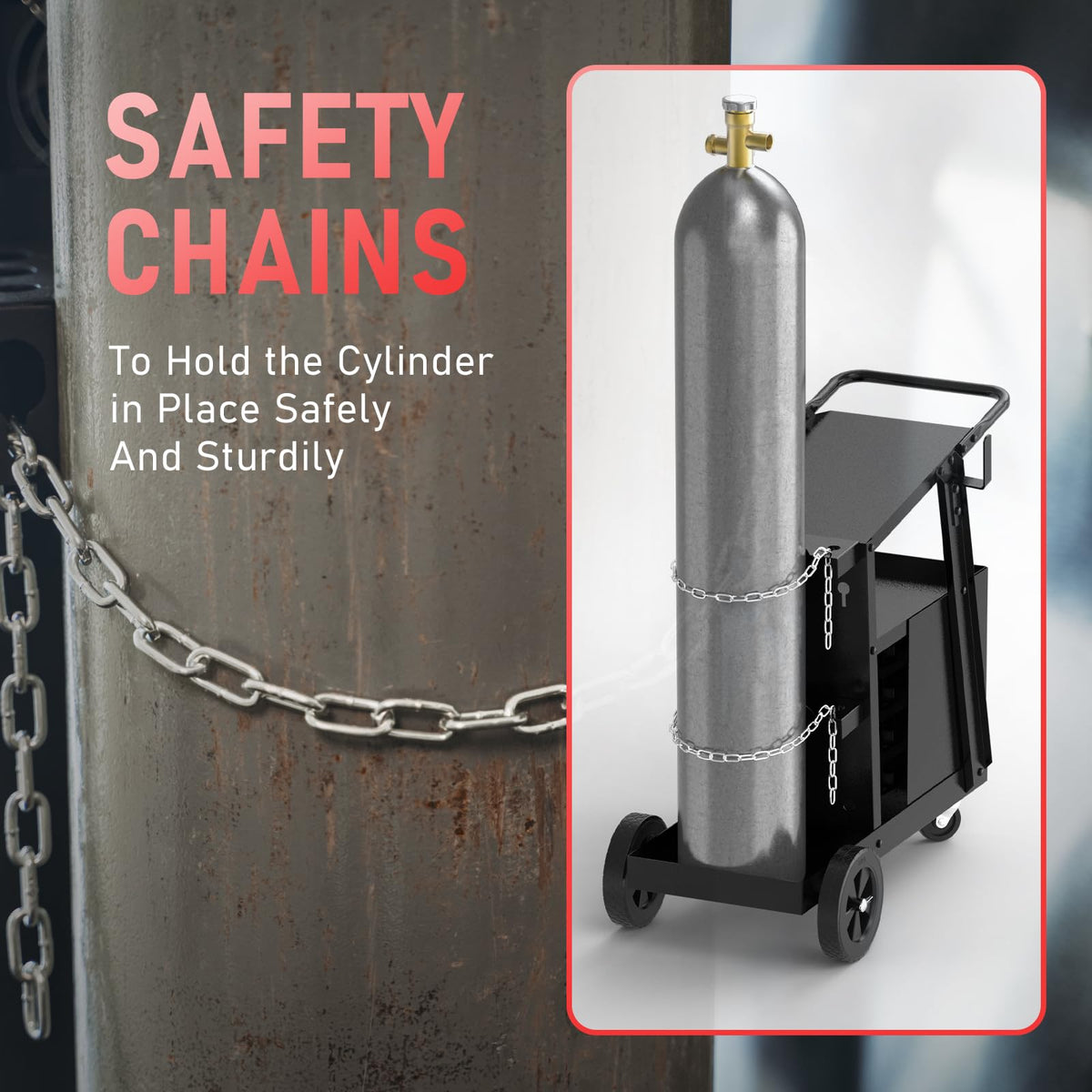 YESWELDER work surface with tank storage and chains for safety