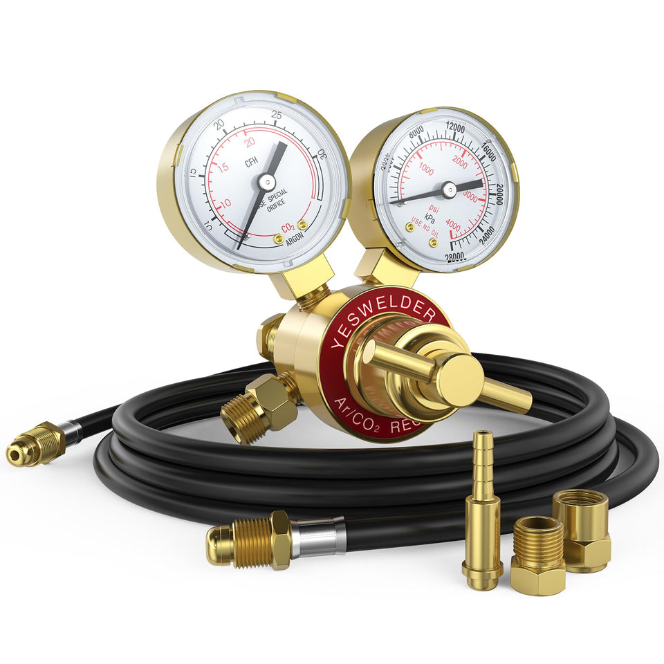 YESWELDER Argon CO2 regulator with 8.2ft hose shown for MIG and TIG welding setup