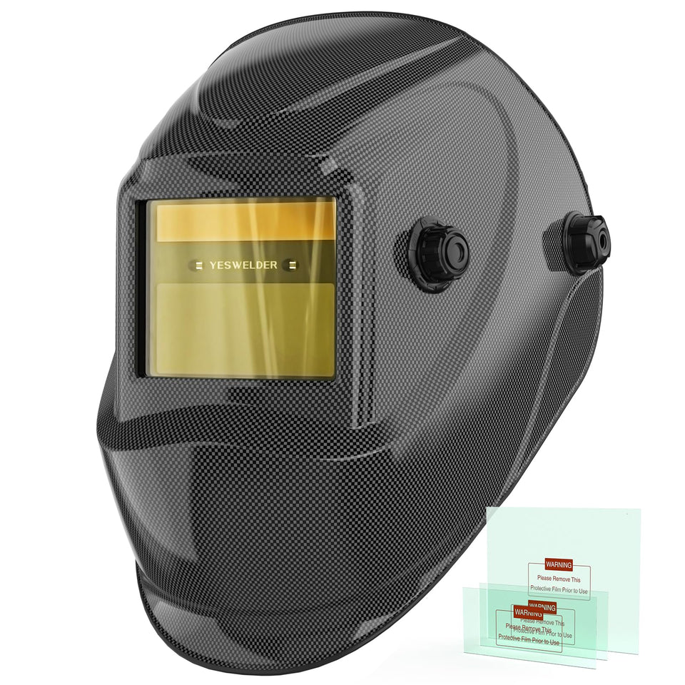 YESWELDER helmet with blue light blocking outer lens for extended welding comfort.
