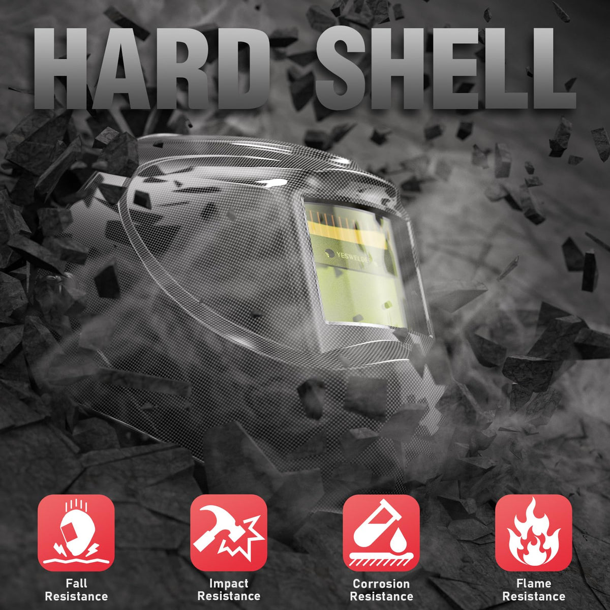 YESWELDER helmet wide shade range 3.5-13 for multiple welding processes.