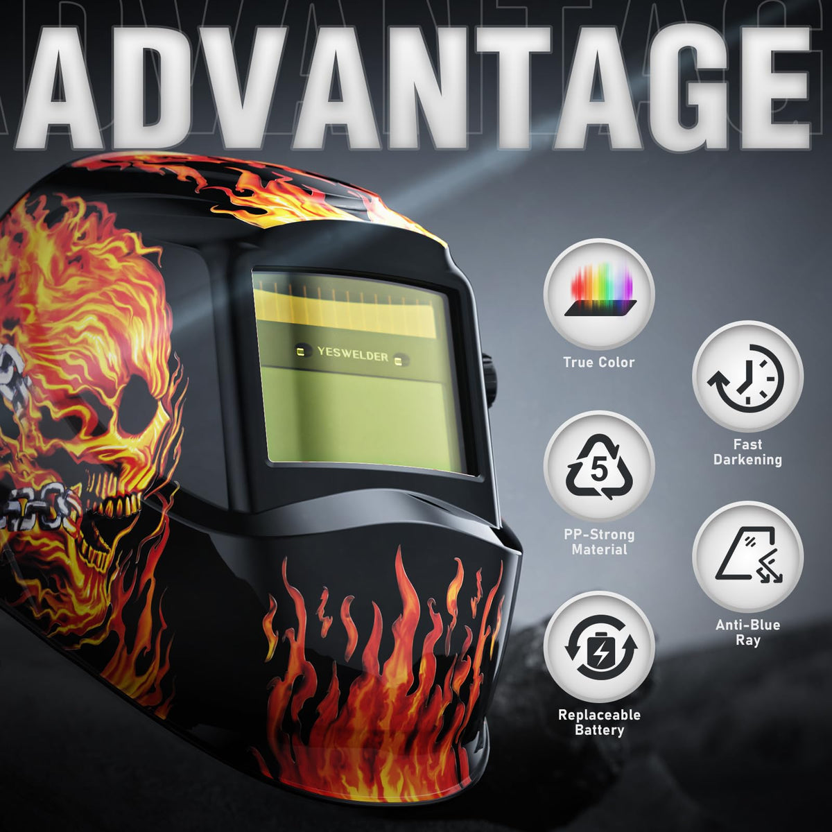 YESWELDER helmet showing arc sensors speed for fast shade change