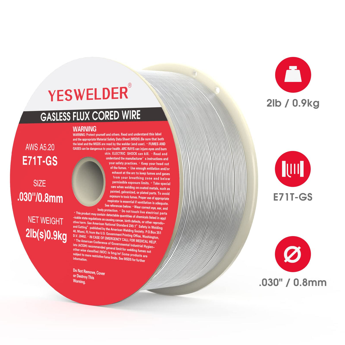 YesWelder flux-core wire 0.030 inch diameter for standard MIG welders.