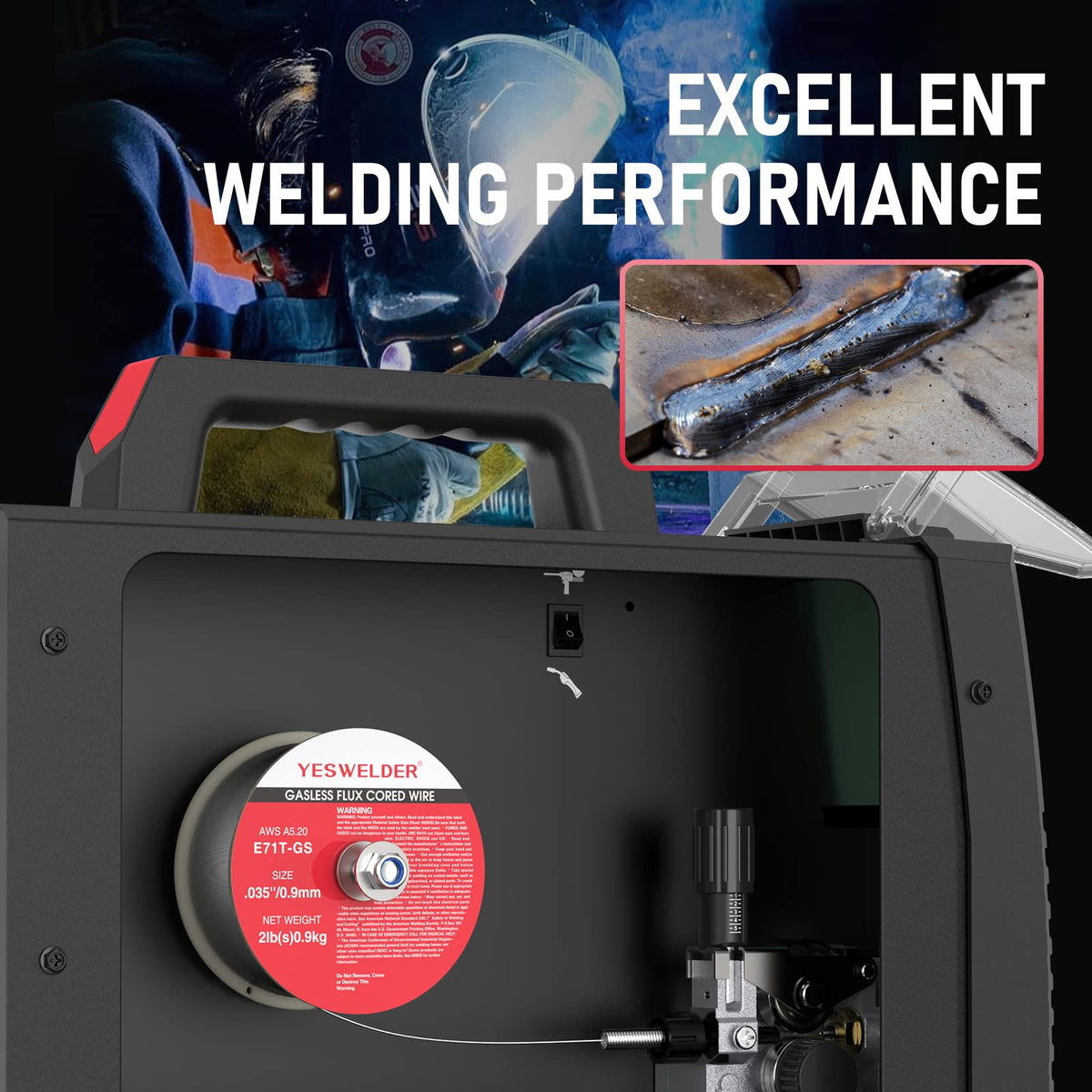 YESWELDER flux core wire 0.035-inch diameter enables versatile carbon steel welding.