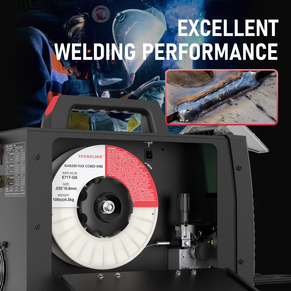 YESWELDER flux-core bead weld close-up demonstrates low spatter and even deposition.