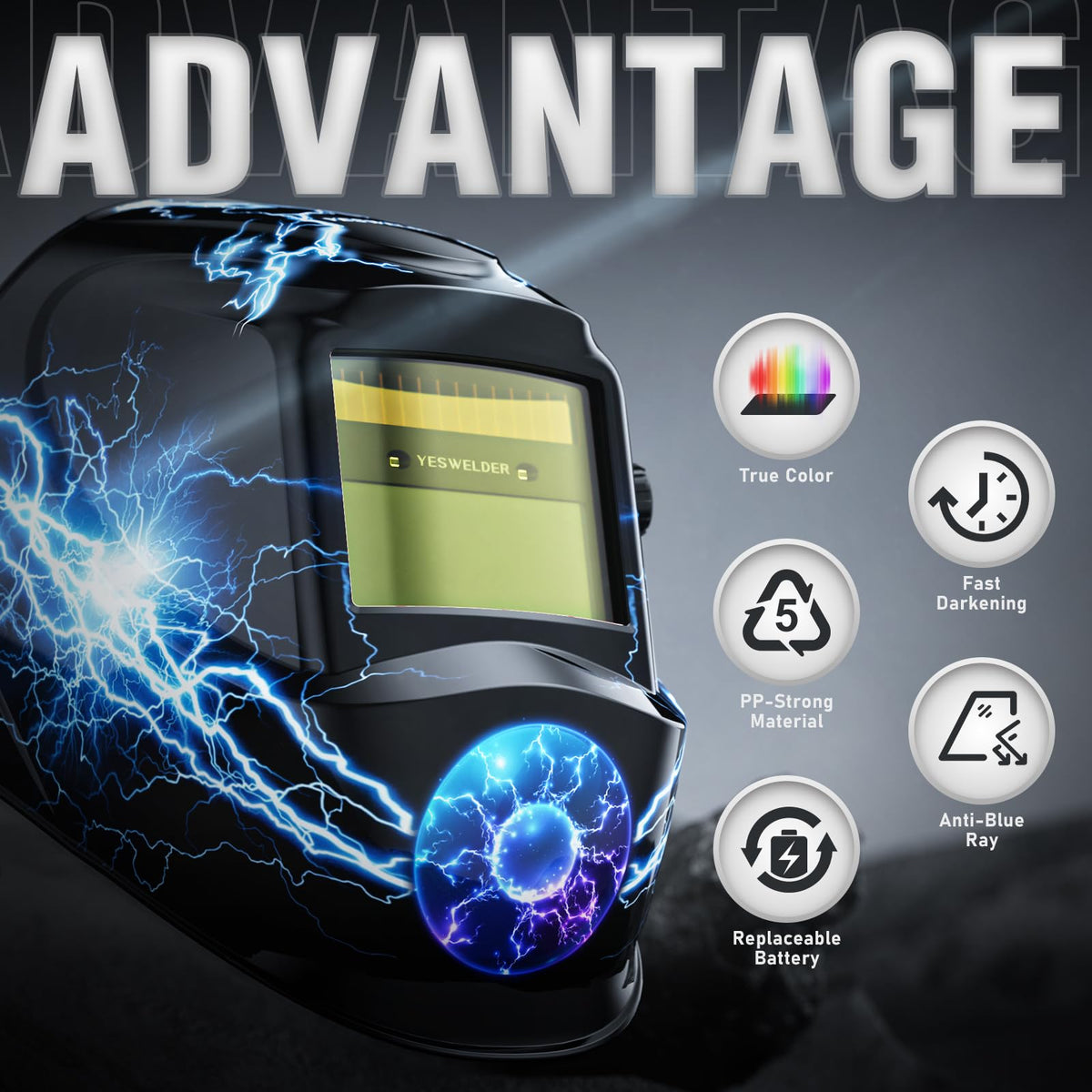 YESWELDER helmet side view highlighting adjustable headgear for comfort.