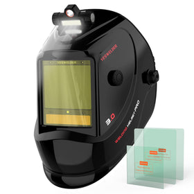 YESWELDER intelligent auto-shade helmet front view with large viewing area for precision welds