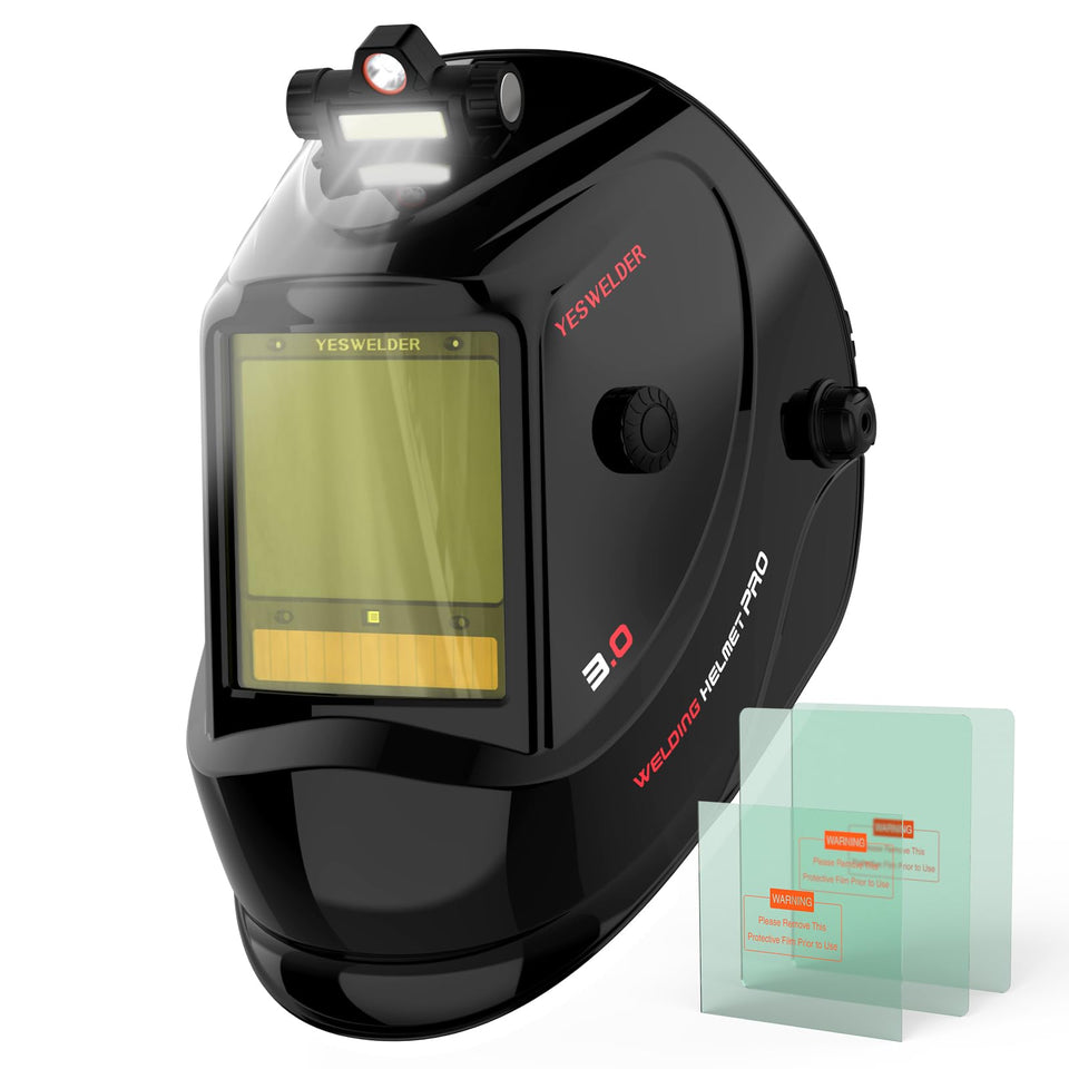 YESWELDER intelligent auto-shade helmet front view with large viewing area for precision welds
