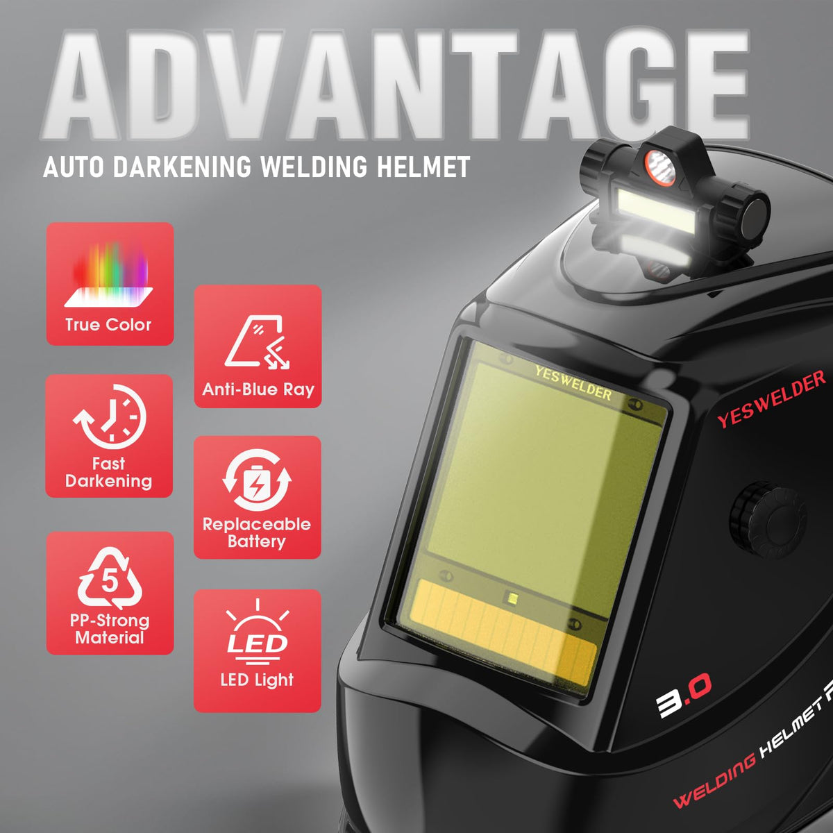 YESWELDER helmet side view showing comfortable design for long sessions