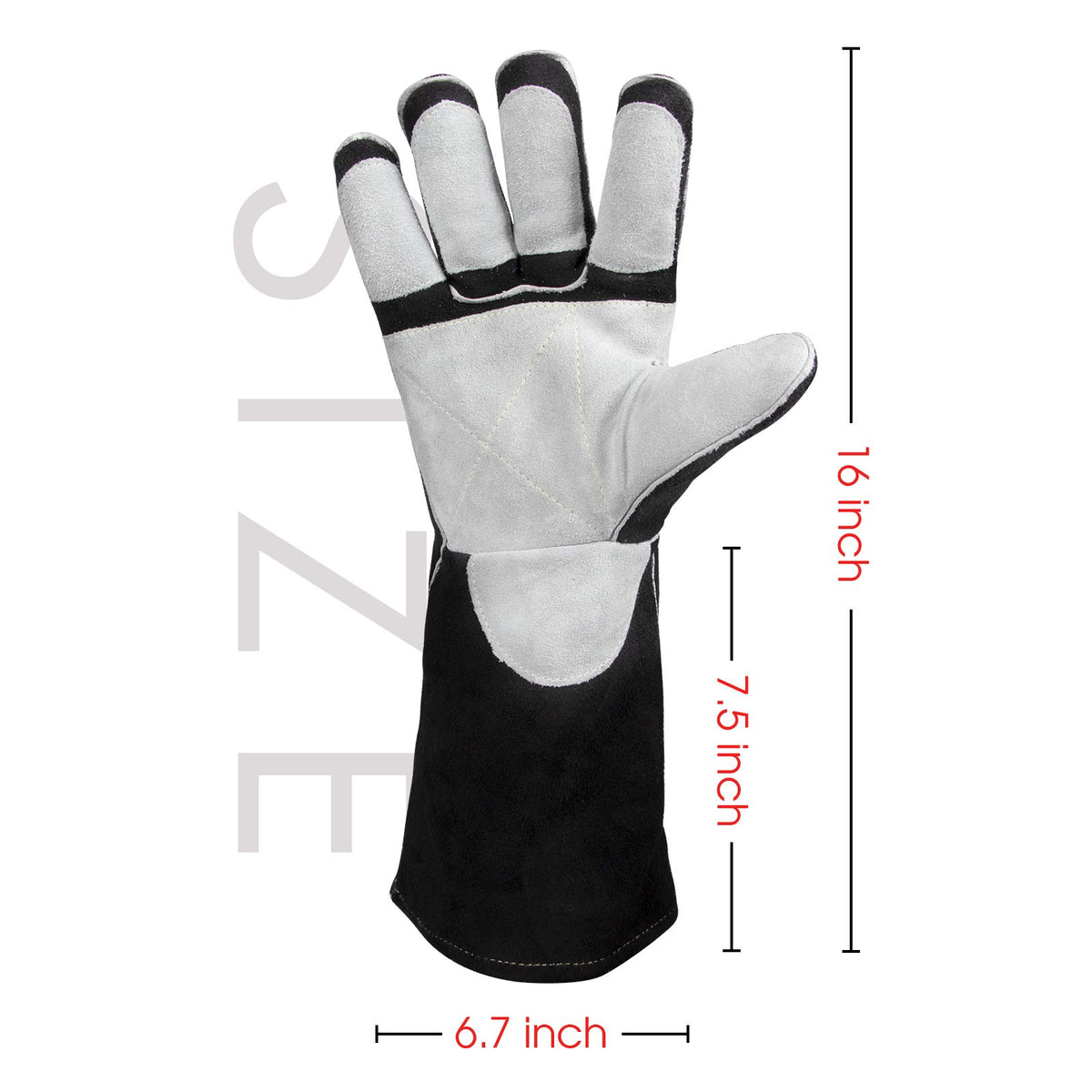 YESWELDER Leather Forge MIG gloves backhand view shows extended cuff for safety