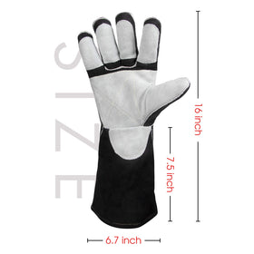 YESWELDER Leather Forge MIG gloves backhand view shows extended cuff for safety