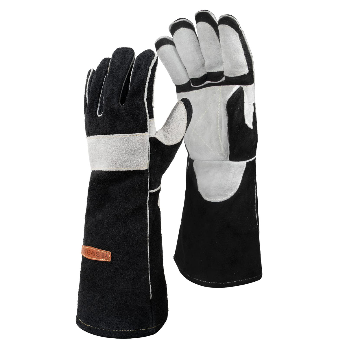 YESWELDER Leather Forge MIG gloves palm view emphasizes dexterity and precise grip