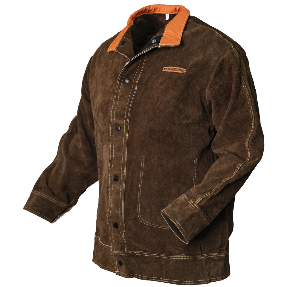 YESWELDER Leather Welding Jacket with stand-up collar guards neck during metalwork.