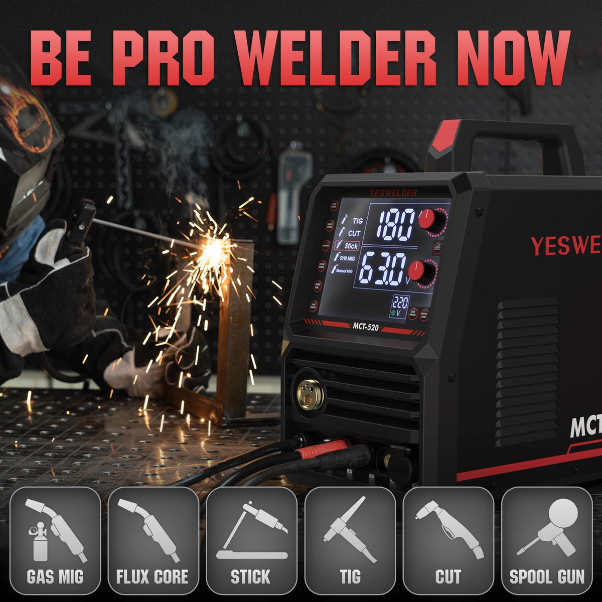YESWELDER MCT-520 digital display showing amperage and voltage for precise welding.