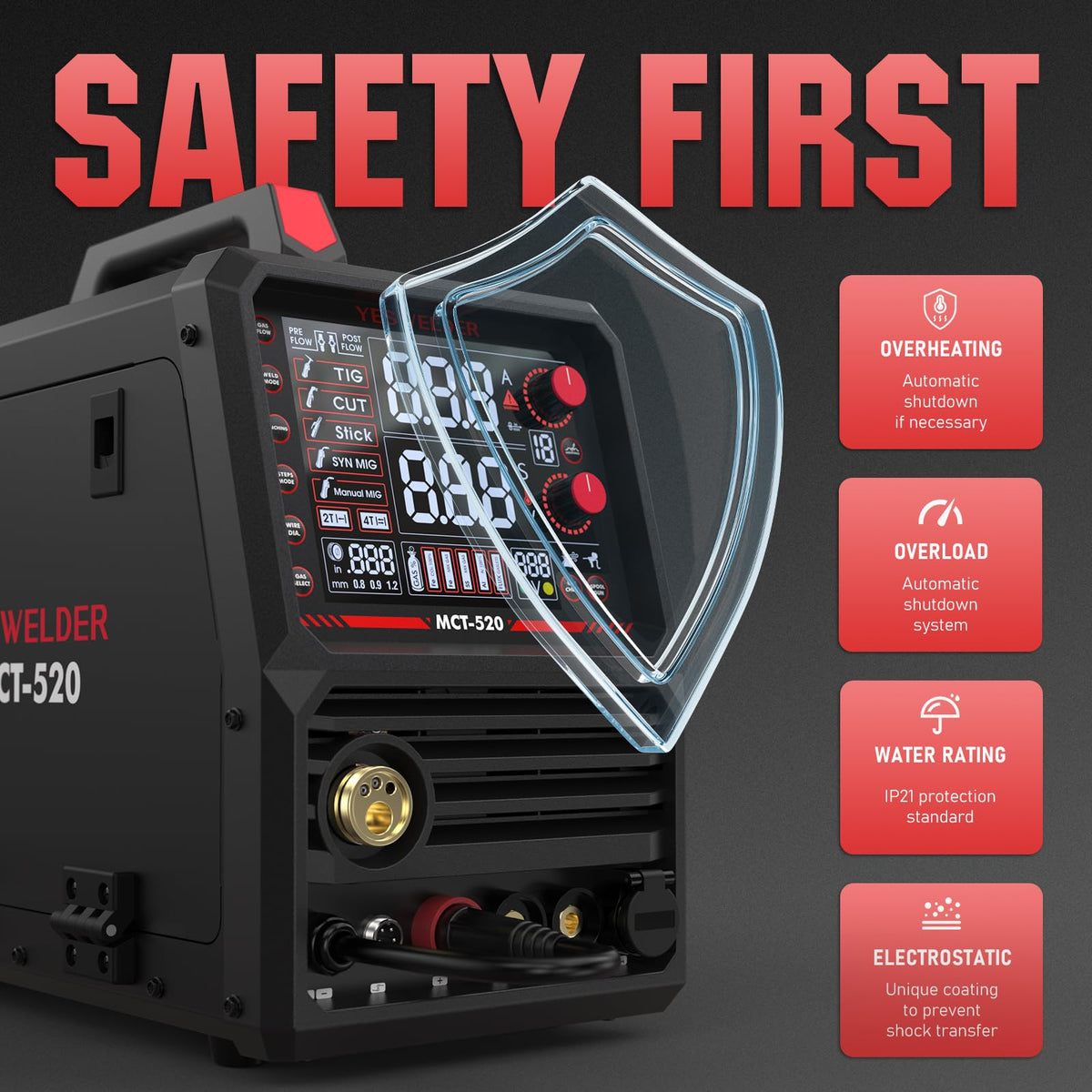 YESWELDER MCT-520 safety features protect users during heavy-duty welding.
