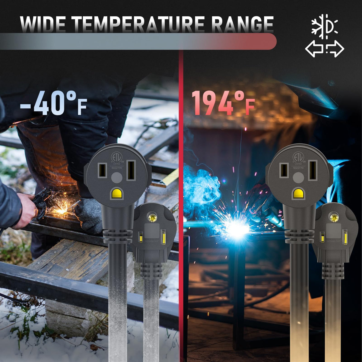 YesWelder NEMA 6-50P to 6-50R cord compatibility with popular welders.