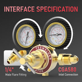 YESWELDER regulator gauges show low and high ranges for accurate monitoring.