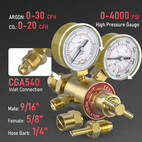 Close-up of YESWELDER regulator CGA580 inlet connection for secure tank attachment