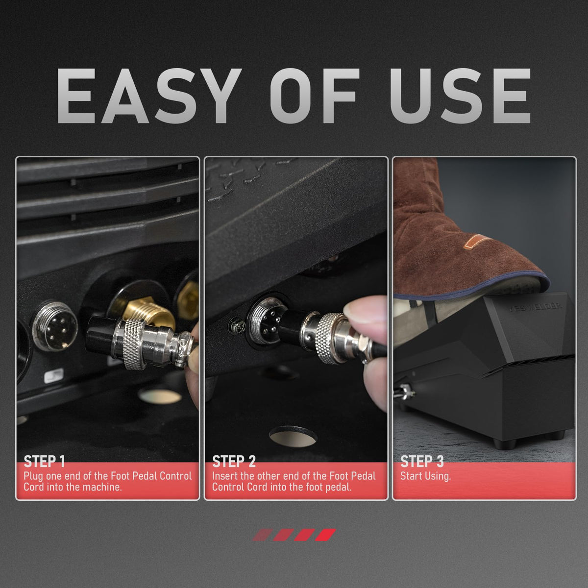 YESWELDER TIG foot pedal installation-free surface shows plug-and-play setup.